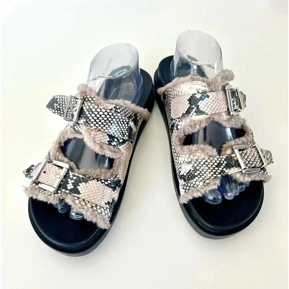 Aerosoles Olivia Sandal Double Strap Leather Snakeskin & Faux Fur Slides Sz 10.5